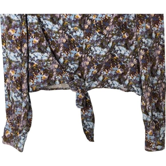 Frnch Sheila Print Floral Linen Blend Long Sleeve Tie Front Cropped Shirt (L) - Picture 7 of 15